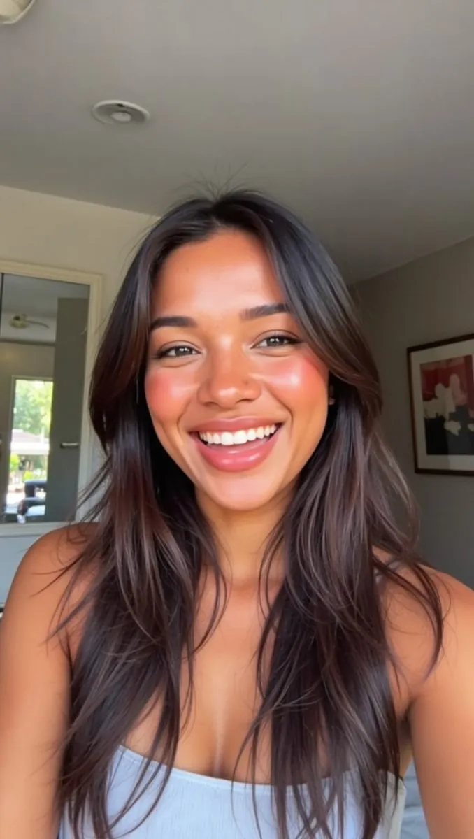 Anna sourit grand, cheveux longs, bonne humeur