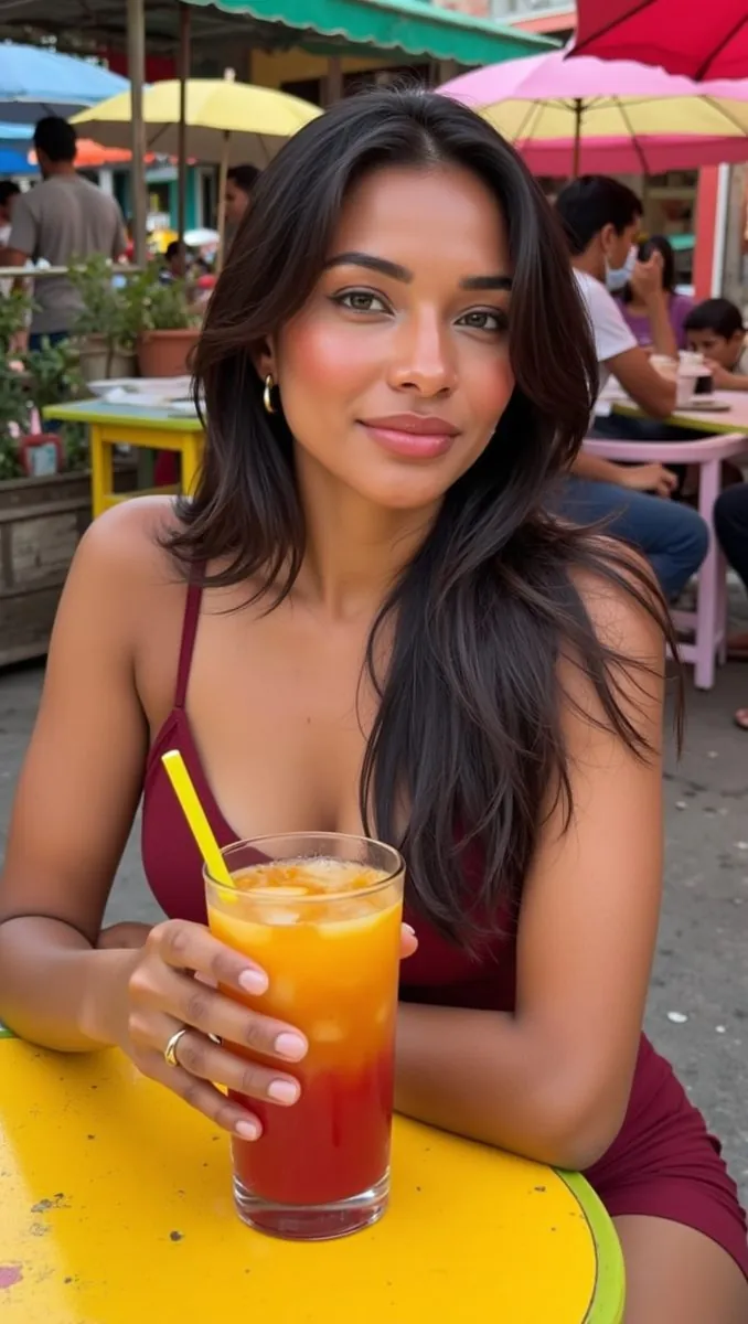 Anna boit un jus orange et rouge à une table jaune sous des parasols colorés
