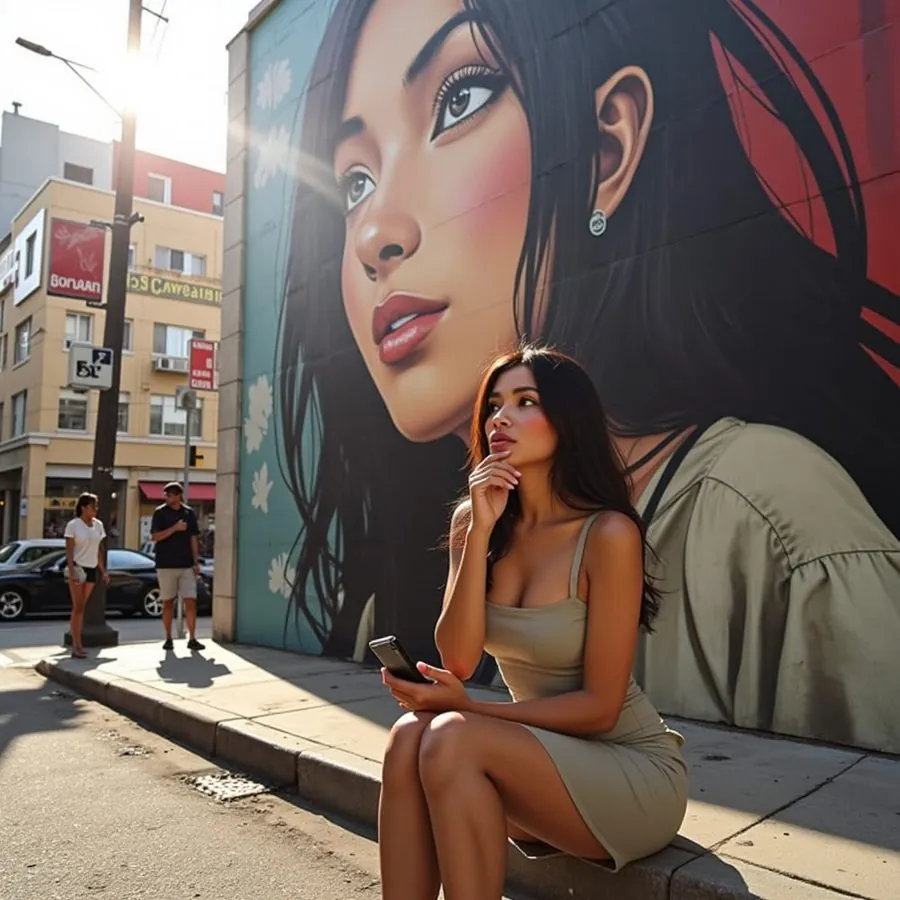 Anna assise devant une grande fresque murale à Lisbonne