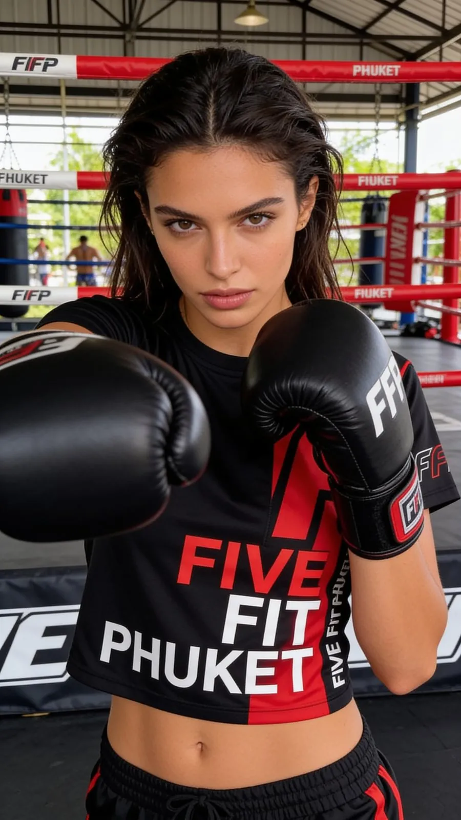 Nina en gants de boxe noirs au Five Fit Phuket