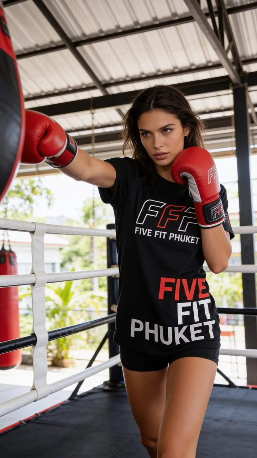 Nina frappe un sac de boxe avec des gants rouges