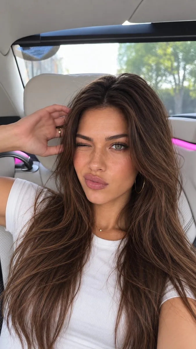 Selfie en voiture, clin d'œil, t-shirt blanc