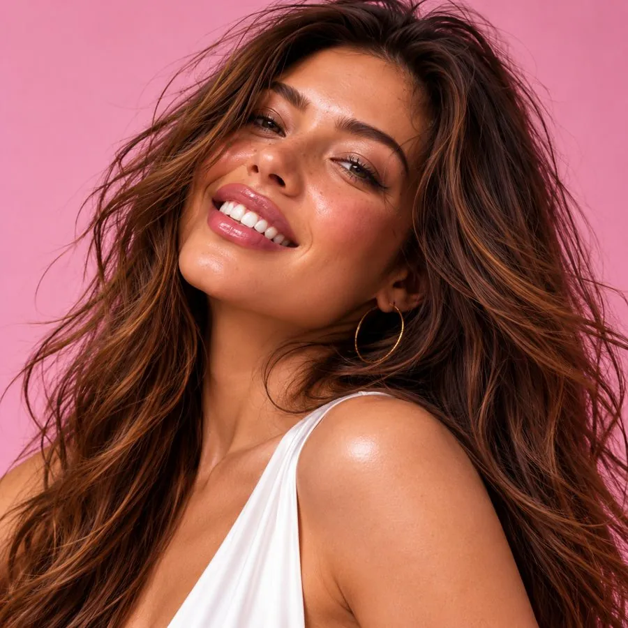 Portrait rieur sur fond rose, cheveux au vent