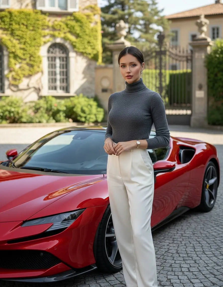 Natasha en pull gris à col roulé et pantalon crème devant une voiture de sport rouge, grille de villa en arrière-plan